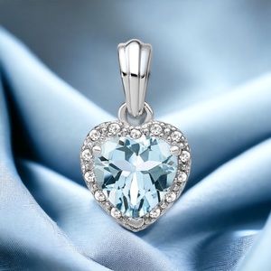 925 Sterling Silver Small Aquamarine March Birthstone & Diamond Heart Pendant